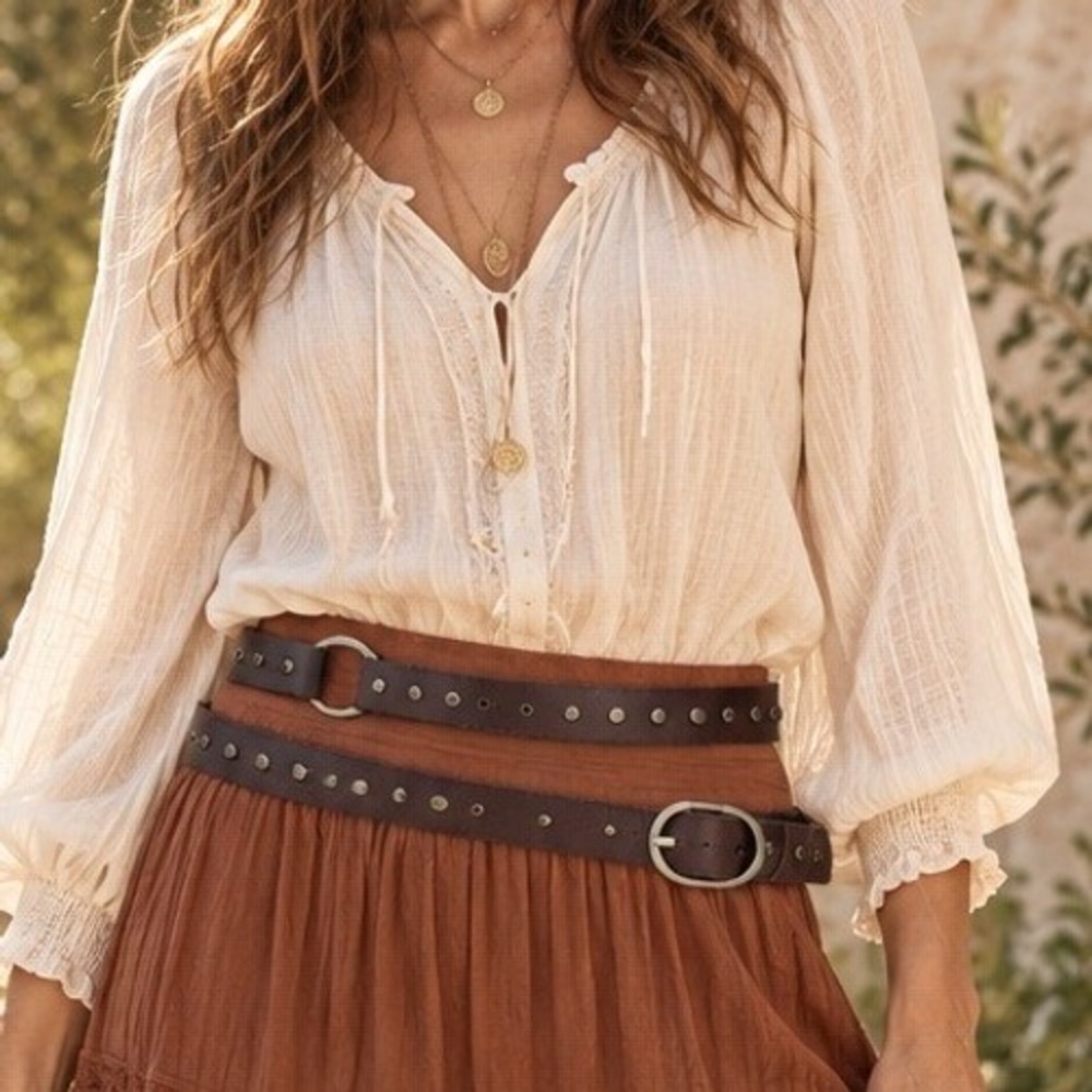 Silpada Designs Small Leather Belt Brown Studded Double Wrap Z9034 Boho Western
